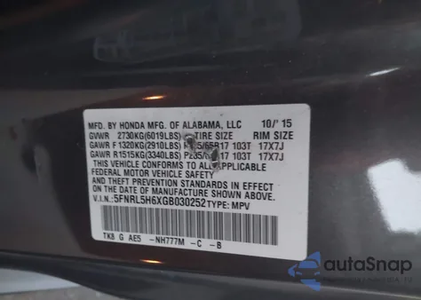 2016 Honda Odyssey Ex-L from USA, damaged, VIN 5FNRL5H6XGB030252